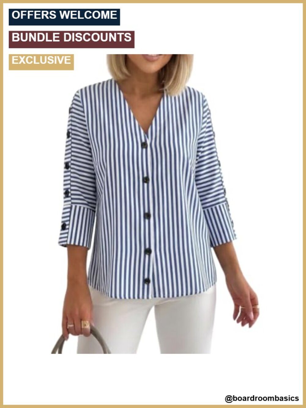Striped V-Neck 3/4 Sleeve Blouse Women Lightweight Business Casual